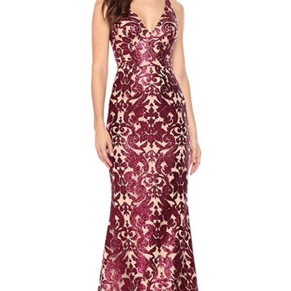 Dress the Population Maxi Dress Fleshtone Burgundy Red Sequins Large - Picture 1 of 12